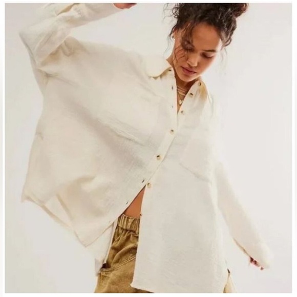Free People || Cardiff Gauze Oversized Tunic Button Down Top Boxy Cream Ivory M - Picture 2 of 10